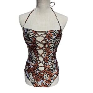 Volcom One Piece Swimsuit Lace Up Front Animal Print Lined Women's Small